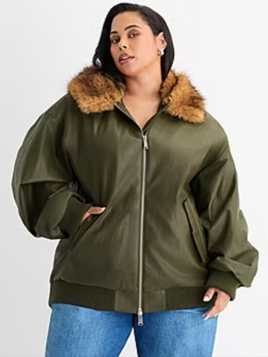 Ashley Graham Jackets & Blazers - Ashley Graham Faux Leather Bomber Moto Jacket Fur Collar Olive Size 3X NEW